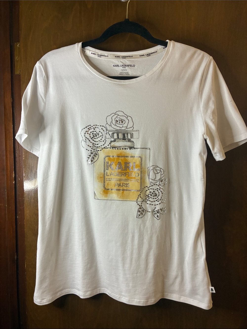 Karl Lagerfeld White Tee with Yellow Perfume Bottle Graphic